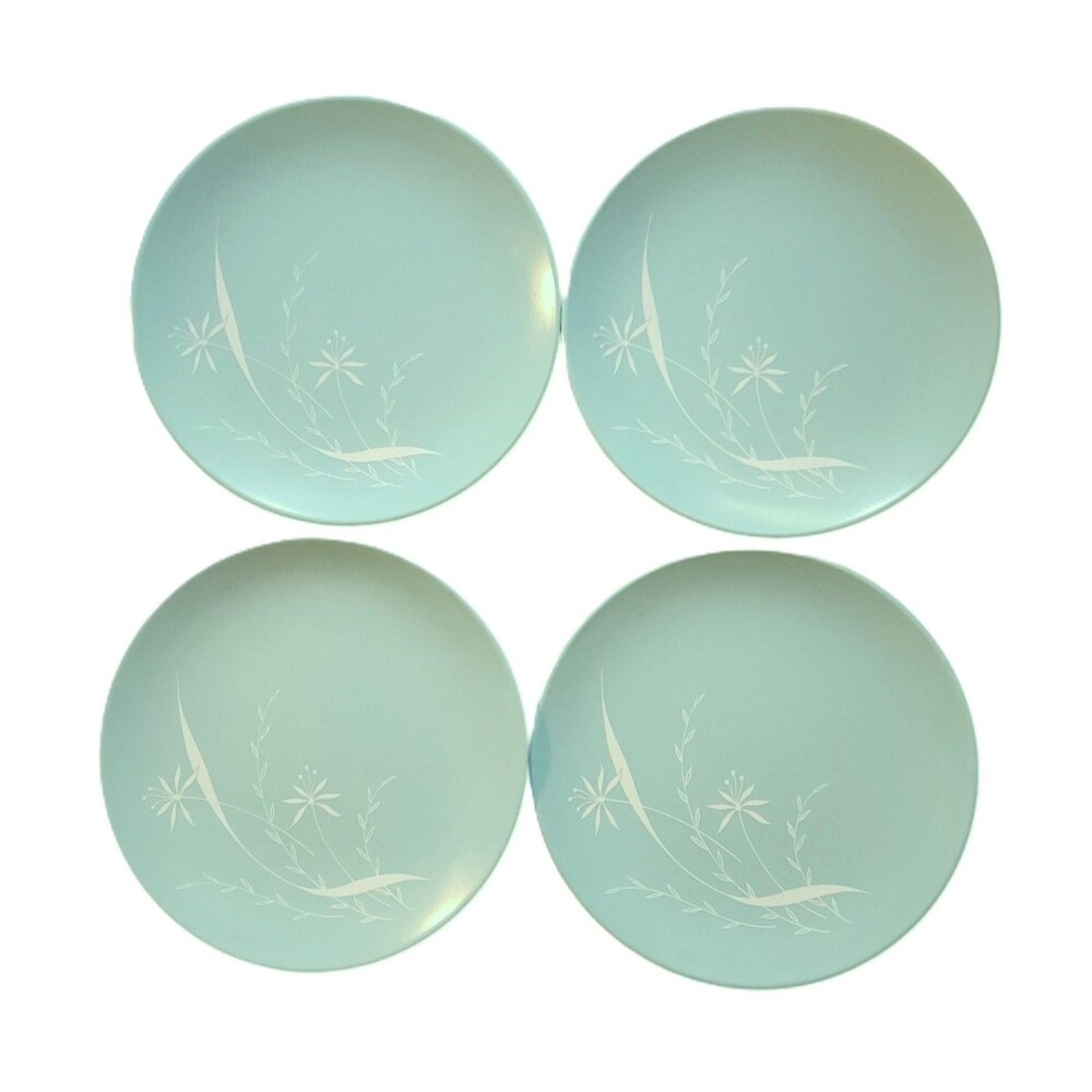 Lot of 4 Vintage Texas Ware 6" Melamine Dessert Plates Aqua w/ White Floral MCM